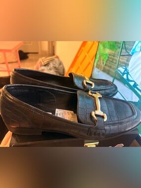 Steve Madden Black Croc-Embossed Loafers with Gold Bit Hardware